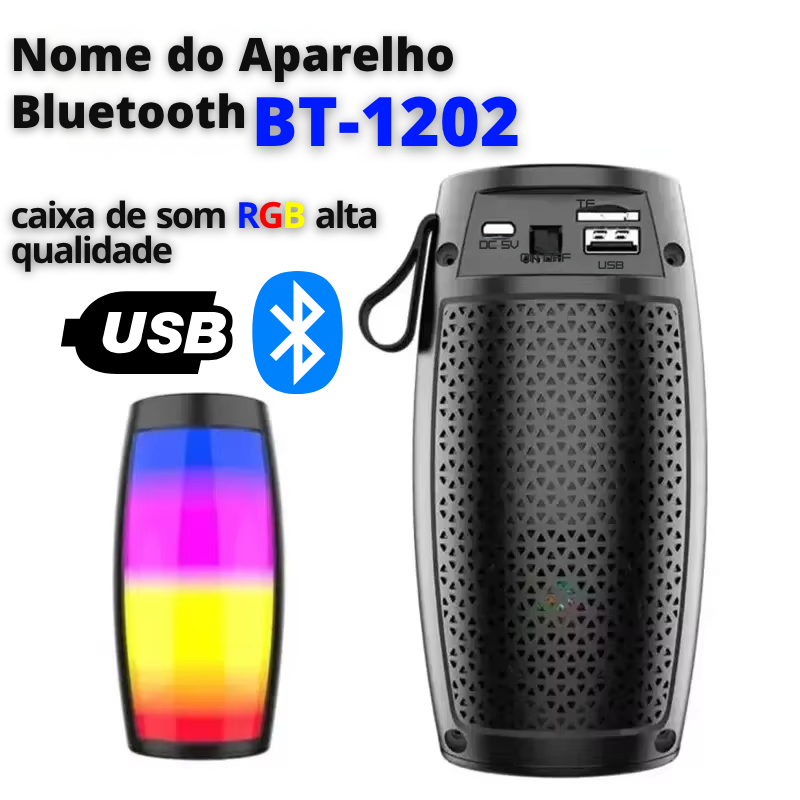 Caixa de som portátil -Bluetooth - USB - Rádio - Cartão de Memória LED coloridas de 360° - Saiph Web